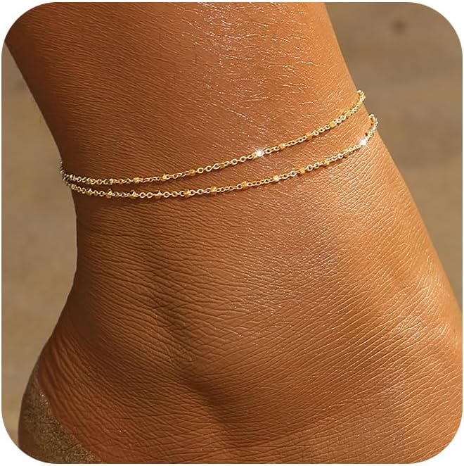 MFRYK Gold Ankle Bracelets for women,14k Gold/Silver Plated Waterproof Layered lightweight Cuban Link Figaro Chain Heart anklet butterfly anklet Pearl Ankle Bracelets Set Gold Anklets for women Trendy Jewelry Gift for Women - Image 1